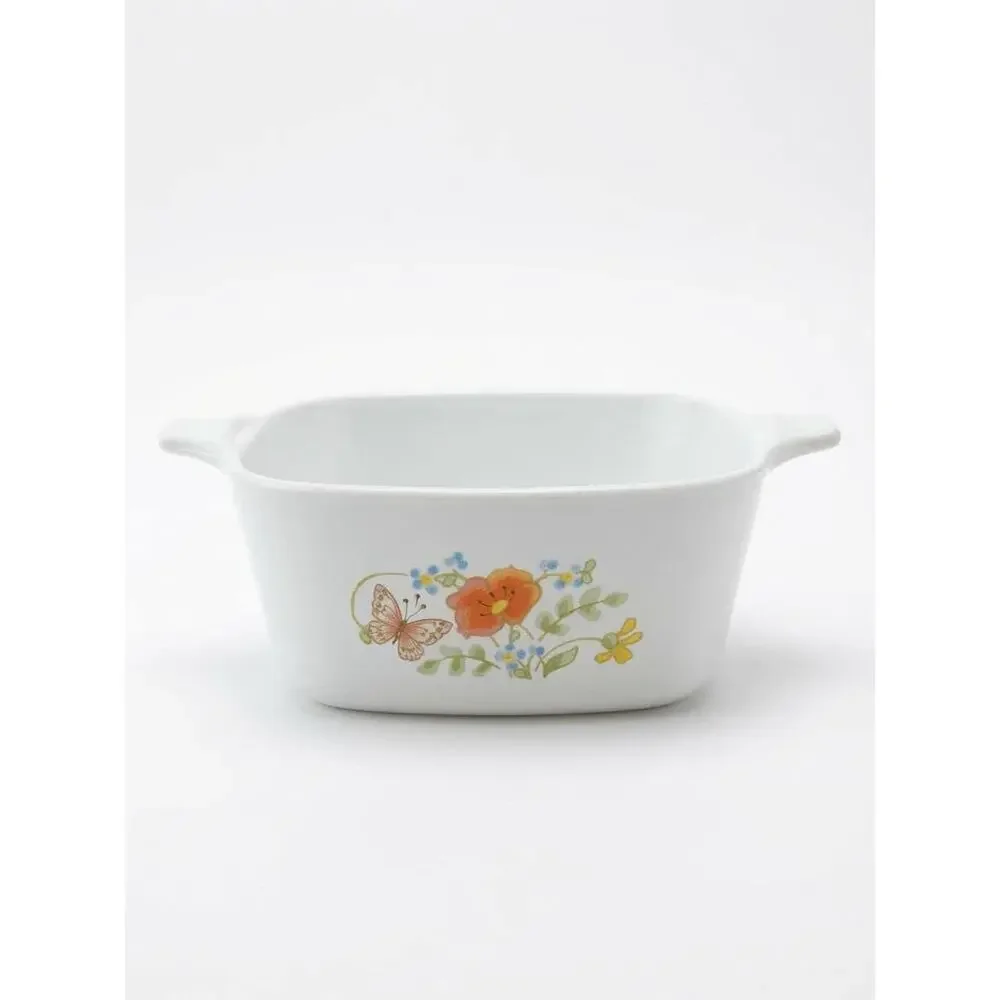 Vintage White Ceramic Mini Casserole Dish Orange Poppy Blue Floral Butterfly